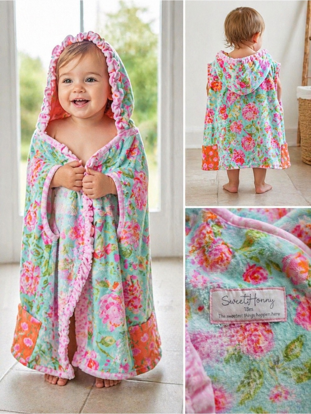 SweetHoney Baby Floral Hooded Towel Robe 18M Soft Plush Bath Cover-Up